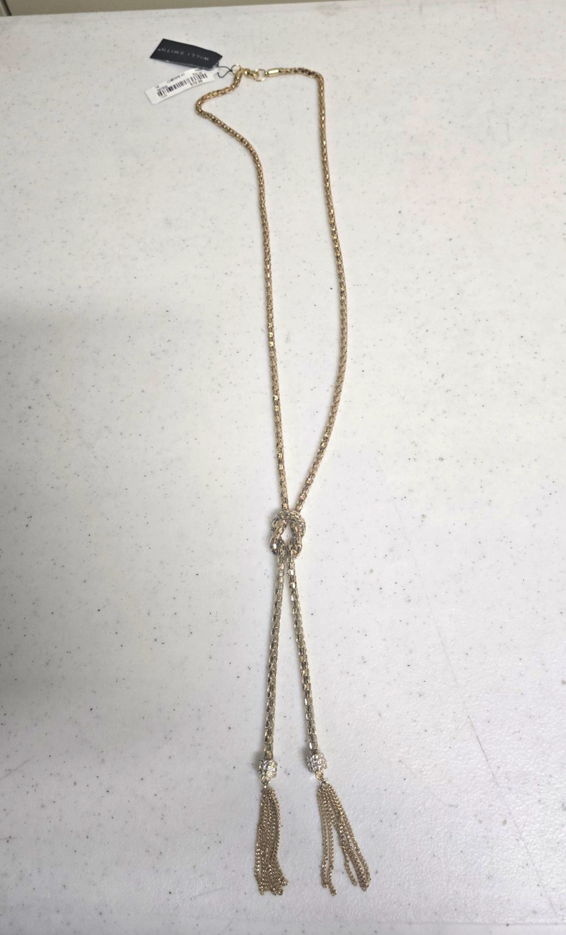 Willi Smith Gold Tone Tassel Lariat Necklace Crystal Rhinestone Rope Lobster